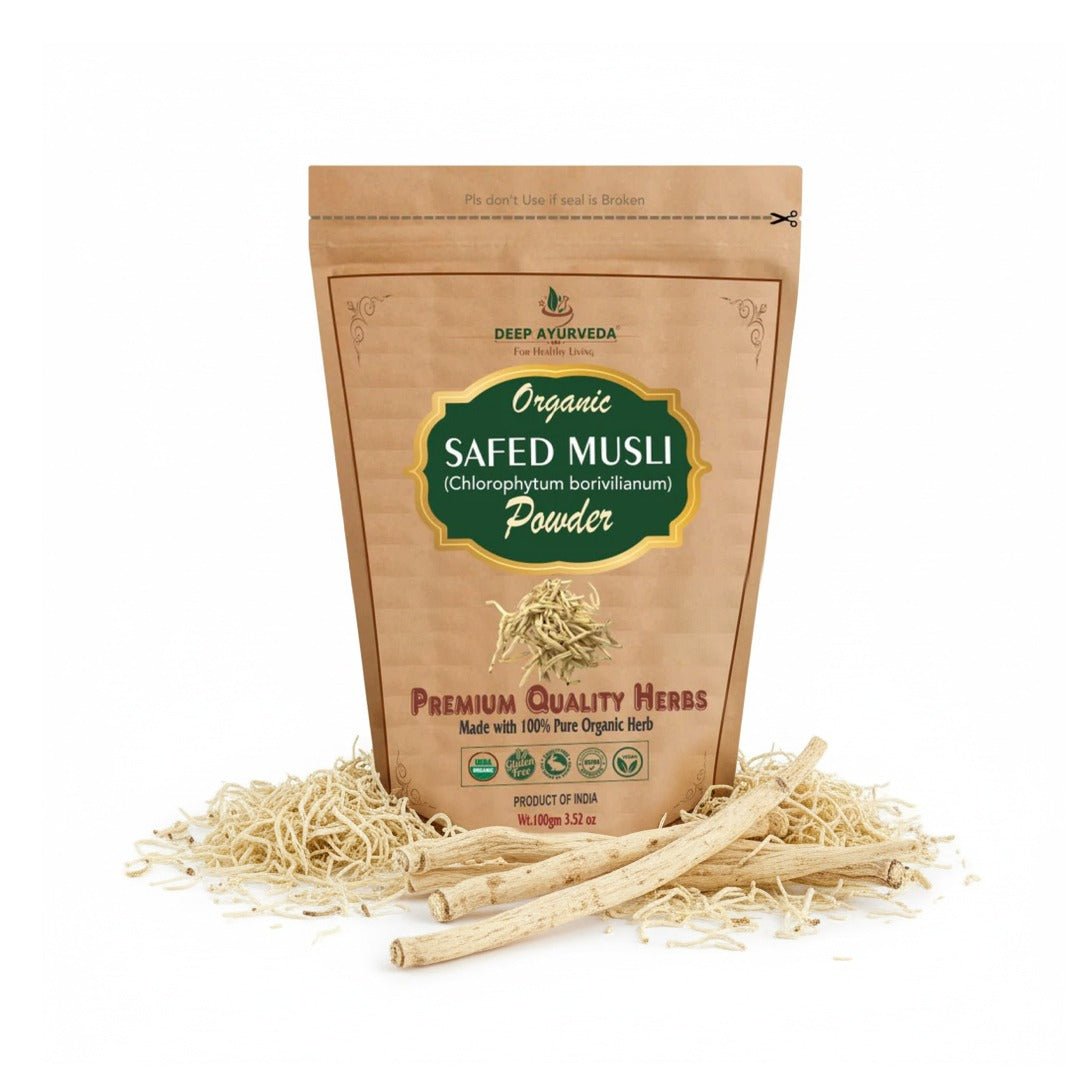 Package of Deep Ayurveda Organic Safed Musli Powder with herbs on a white background