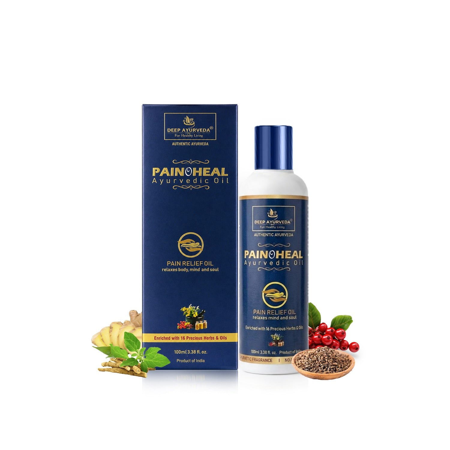 Deep Ayurveda Painheal Ayurvedic Oil bottle and its blue packaging box, styled with ginger, mint leaves, red berries, and seeds on a white background.