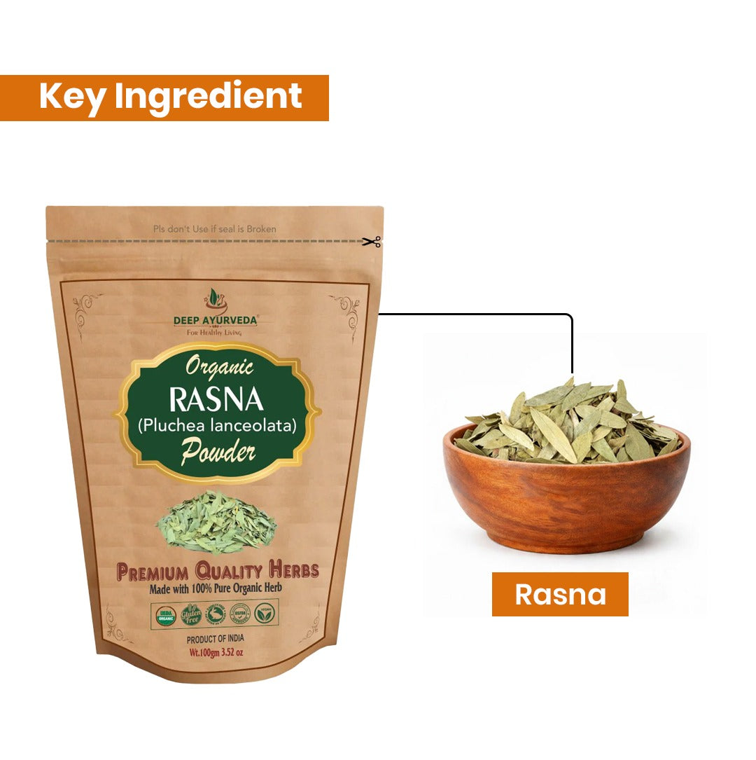 Package of Deep Ayurveda Organic RASNA powder with a bowl of RASNA on a white background
