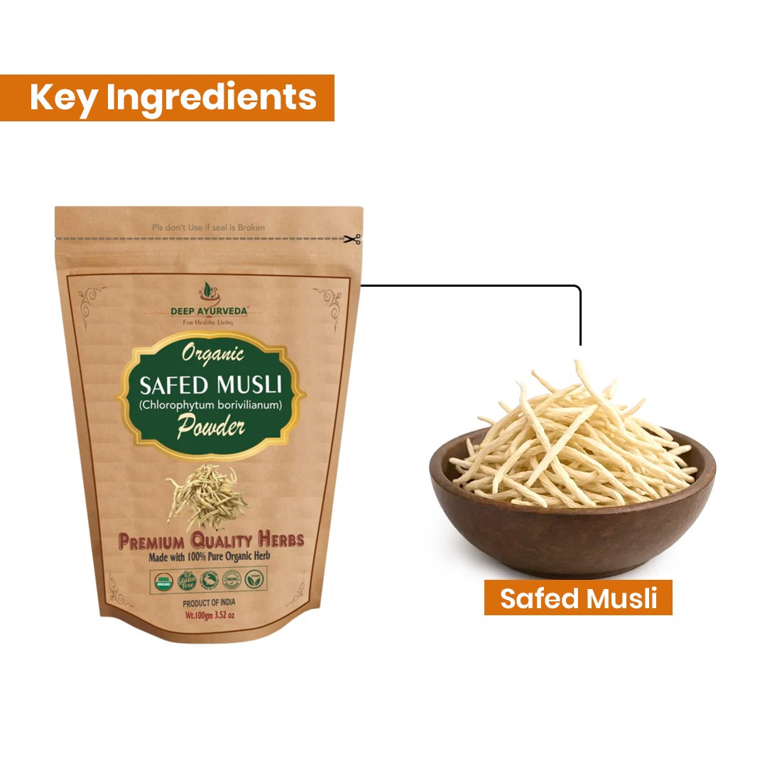 Package of Deep Ayurveda Safed Musli powder with a bowl of Safed Musli on a white background