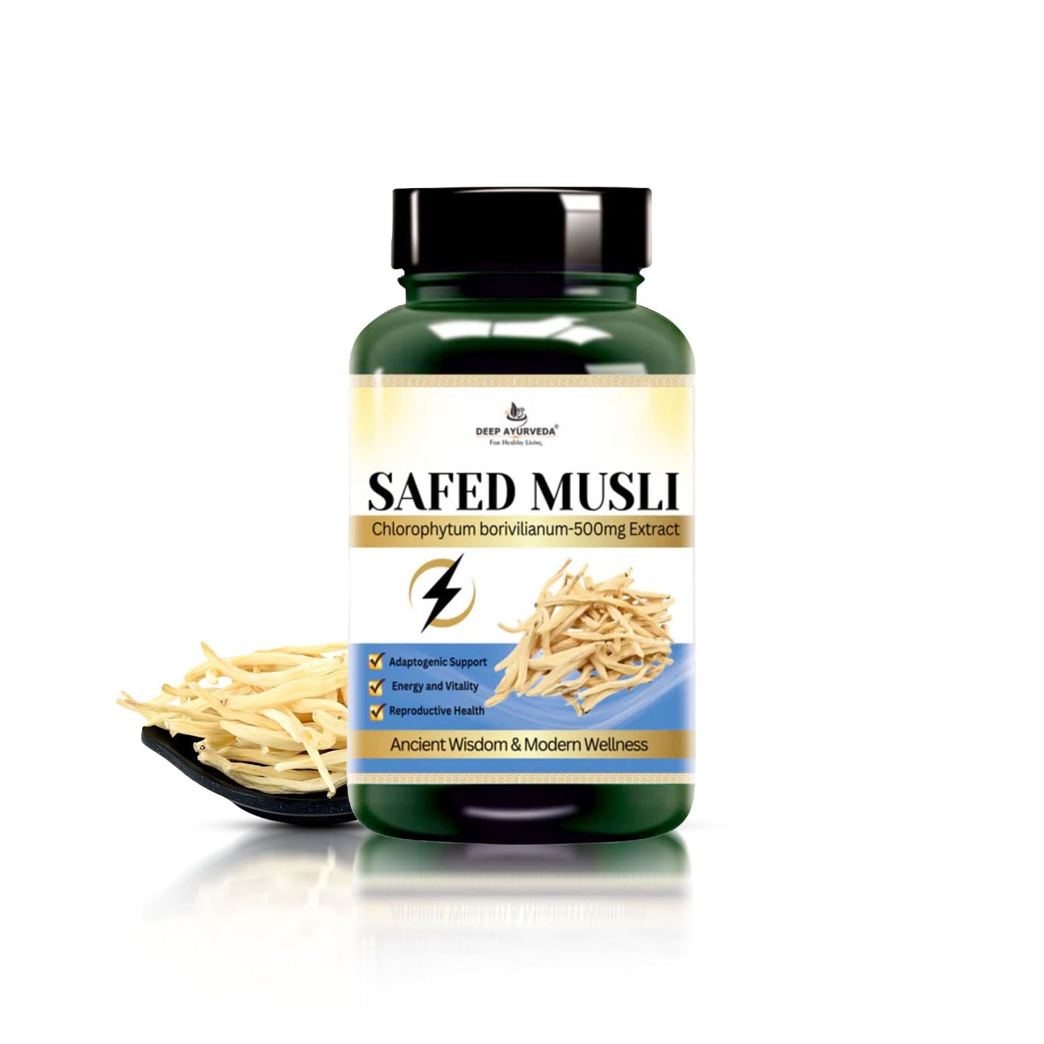Bottle of Safed Musli with dried roots on a white background