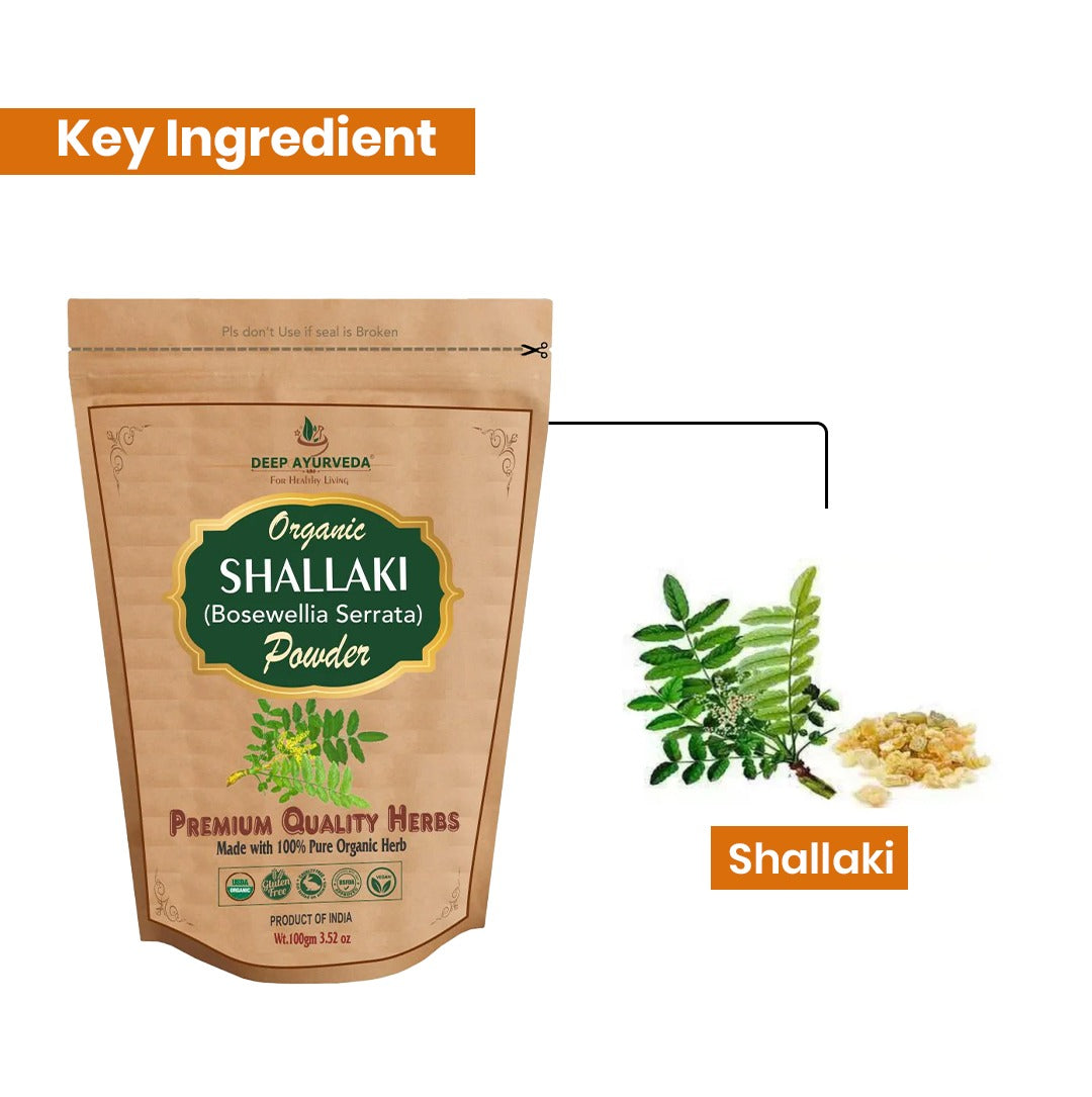 Package of Deep Ayurveda Organic Shallaki powder with shallaki plant illustration on a white background