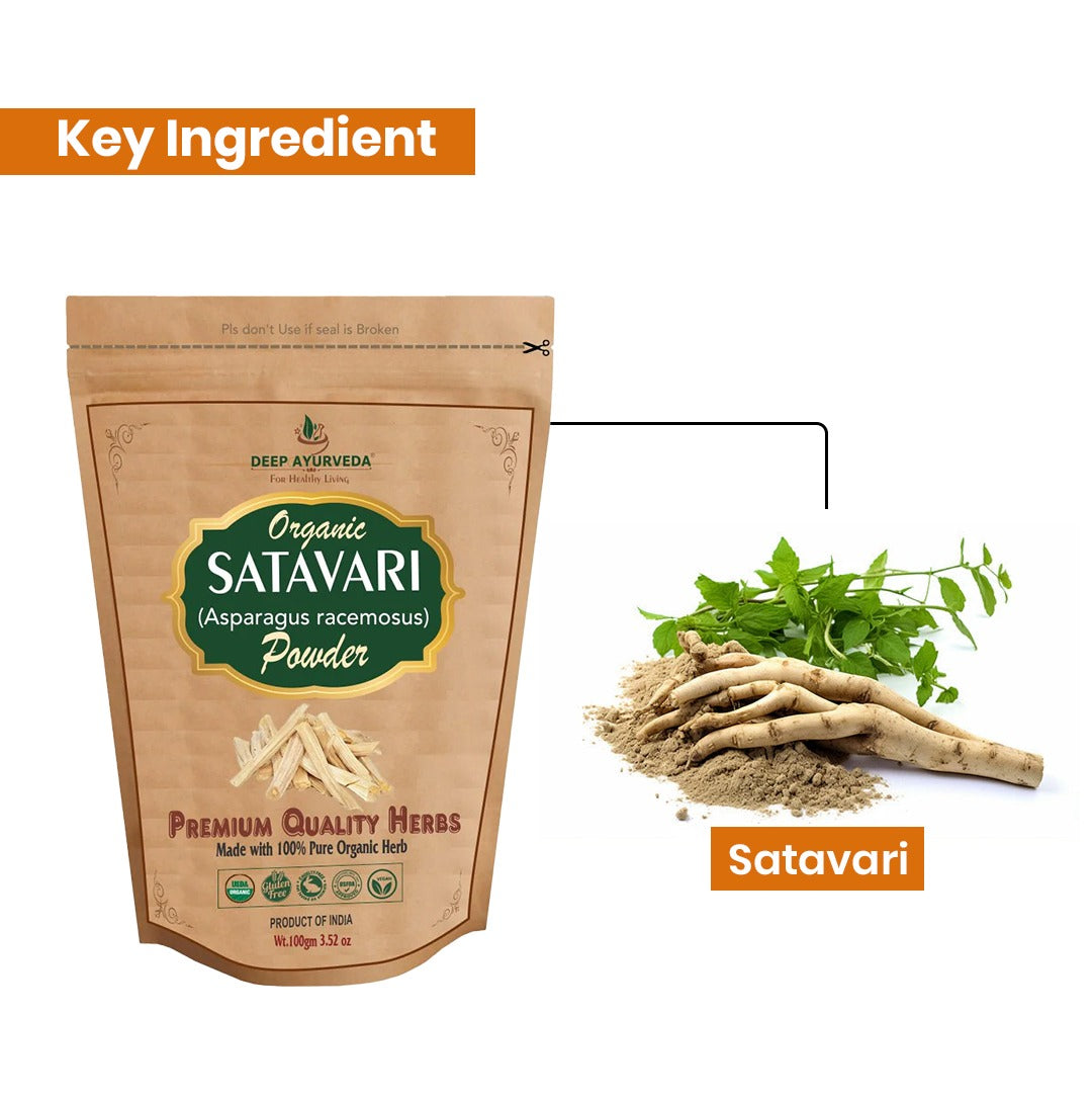 Package of Deep Ayurveda Satavari powder with satavari plant on a white background