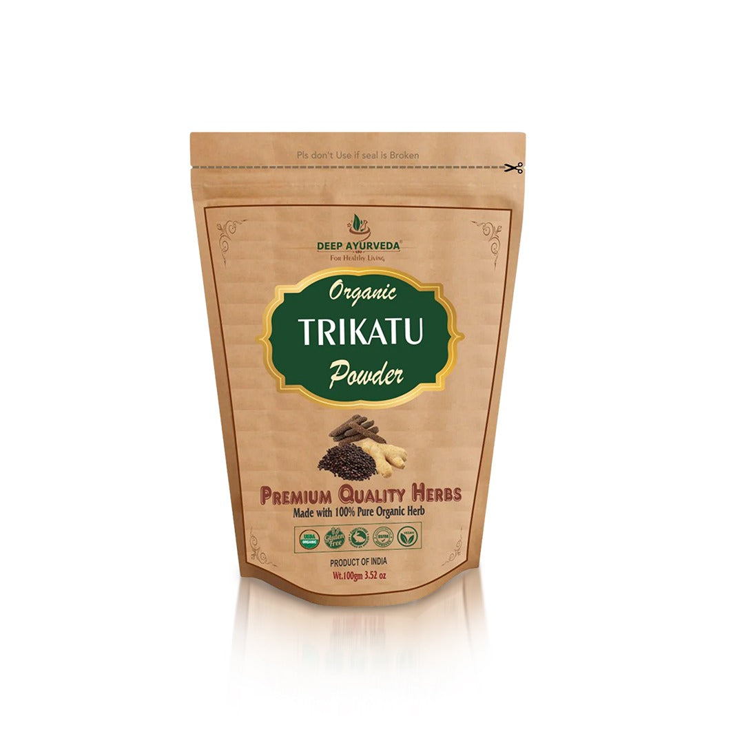 Package of Organic Trikatu Powder by Deep Ayurveda on a white background