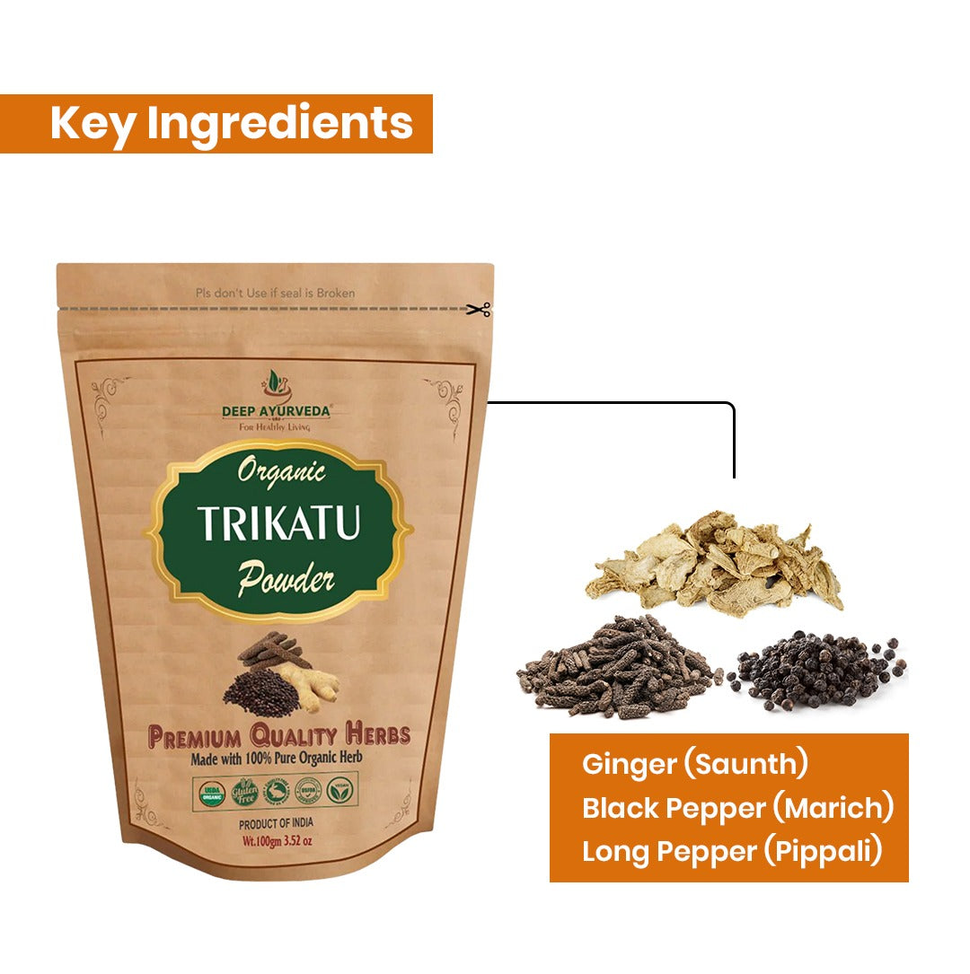 Trikatu powder packaging with key ingredients displayed on a white background