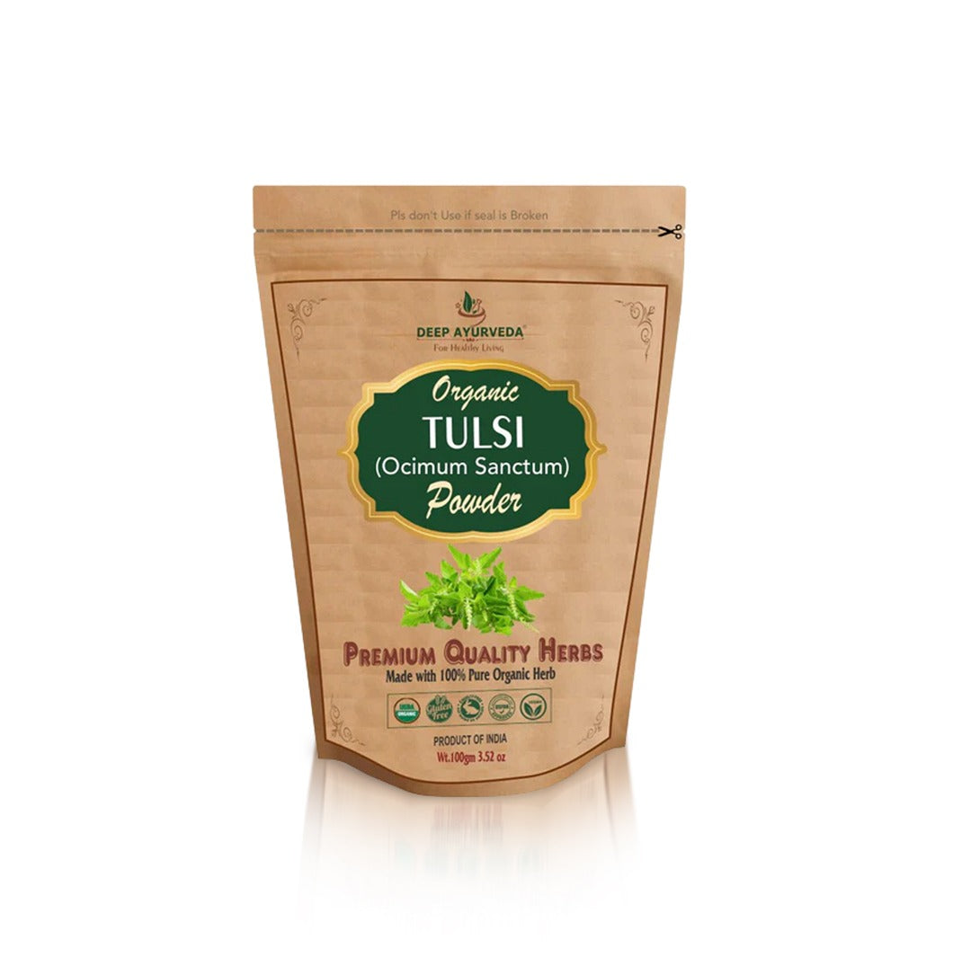 Package of Organic Tulsi Powder by Deep Ayurveda on a white background