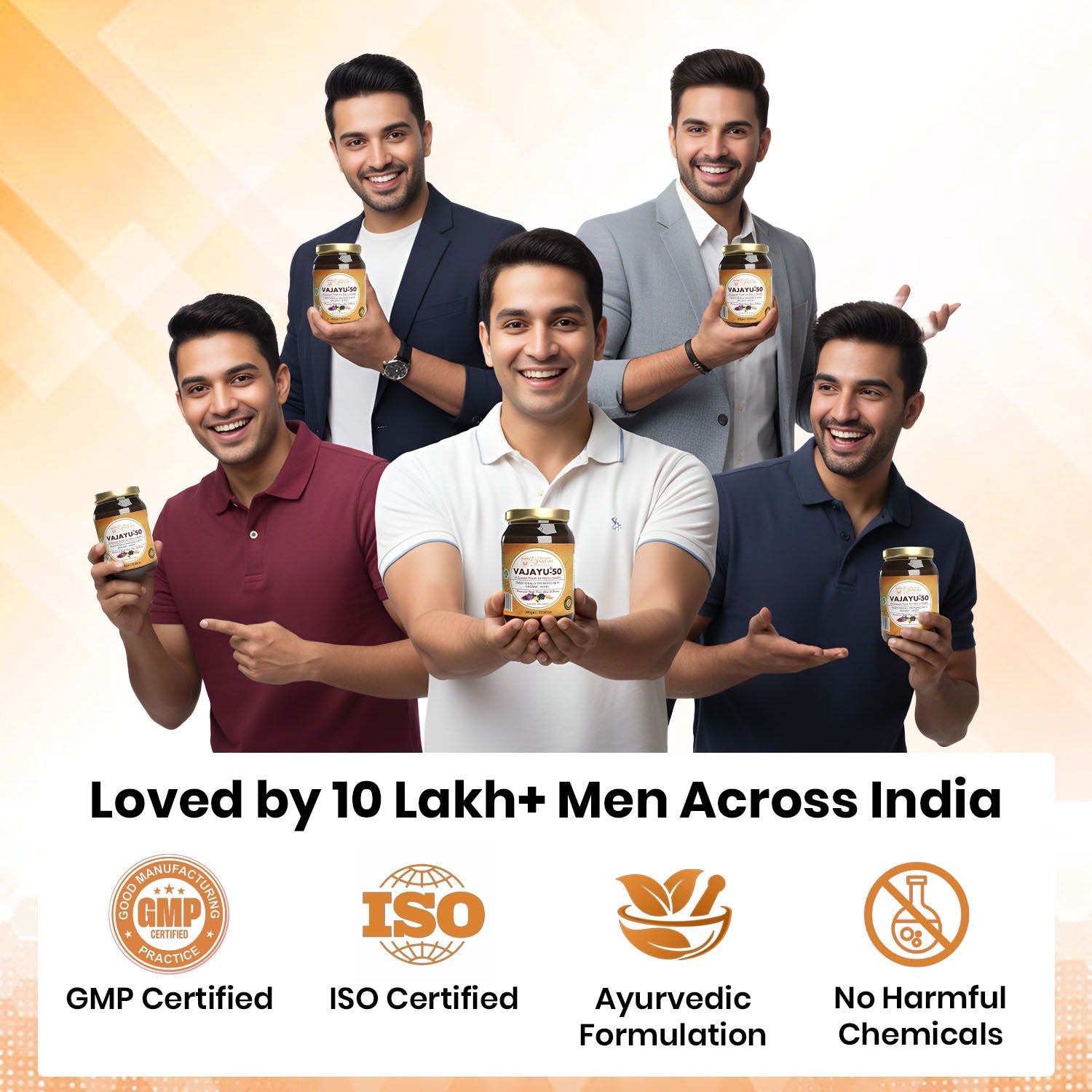 Group of men holding jars with a promotional message about certification and benefits.