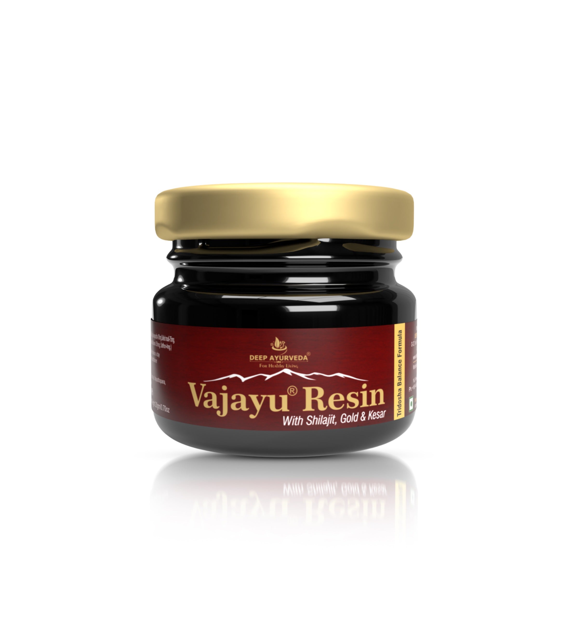 Jar of Vajayu Resin with a gold lid on a white background