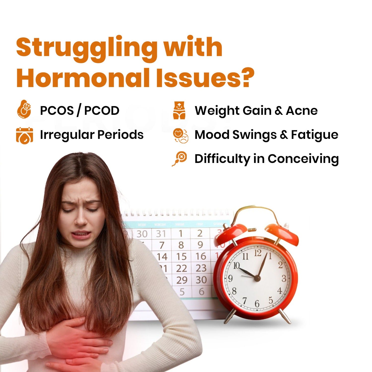 Woman with hormonal issues symptoms and a calendar with an alarm clock, indicating time management.