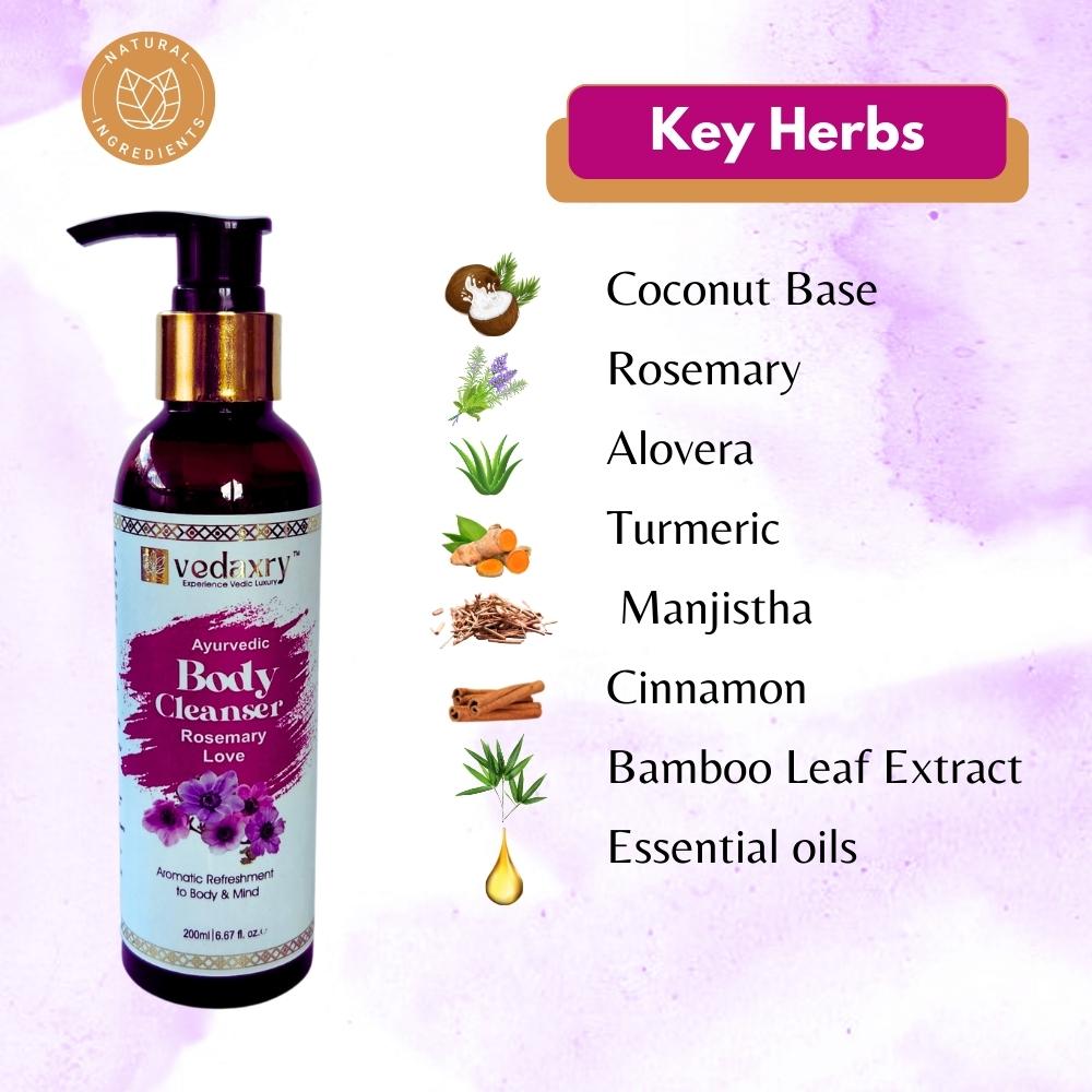 Vedaxry Body Cleanser Rosemary Love (200ml) - Refreshing Herbal Cleanser for Soft & Smooth Skin - Deep Ayurveda India