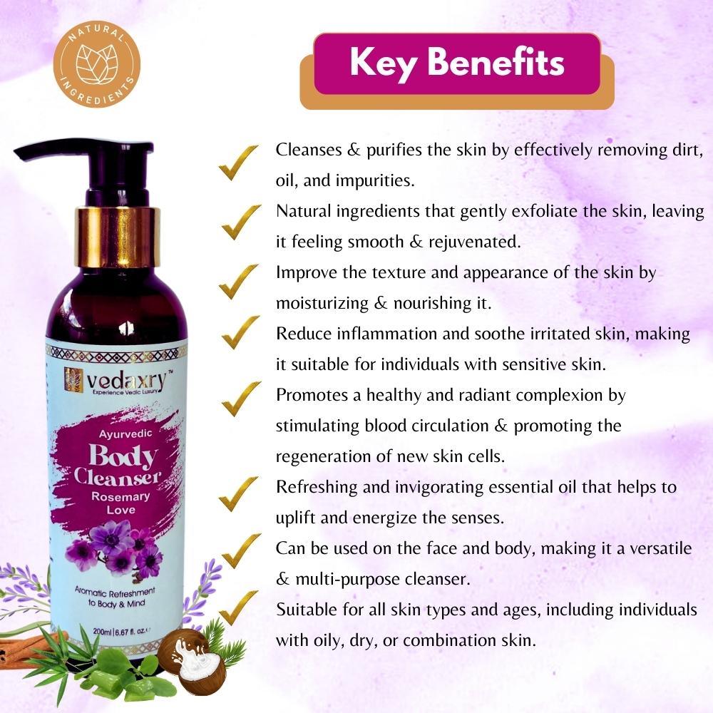Vedaxry Body Cleanser Rosemary Love (200ml) - Refreshing Herbal Cleanser for Soft & Smooth Skin - Deep Ayurveda India